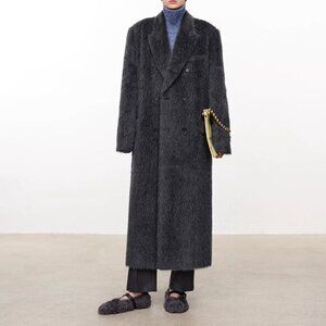 CHICJOC Long Tailored Alpaca Wool Coat Melange Dark Gray Size 36